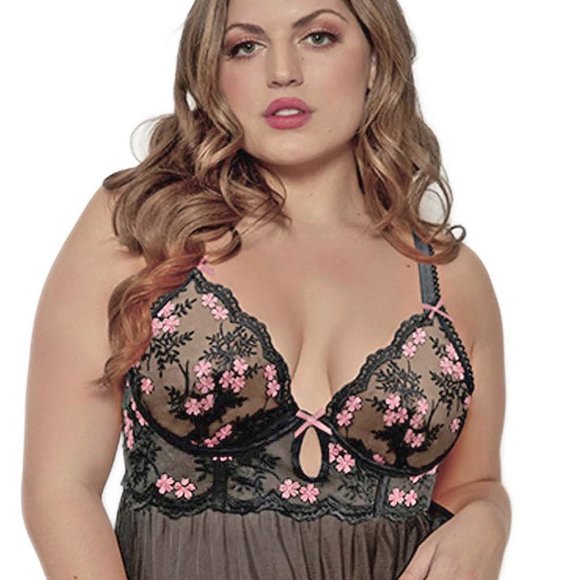 Floral Babydoll Set Embroidered Underwire Cup Womens Sleepwear Nightie Lingerie - Picture 10 of 10